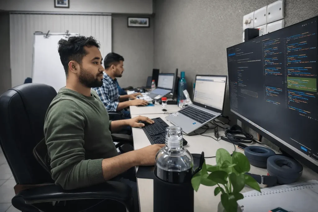Two professionals working on custom software development at their desks, focused on coding with monitors displaying lines of code.