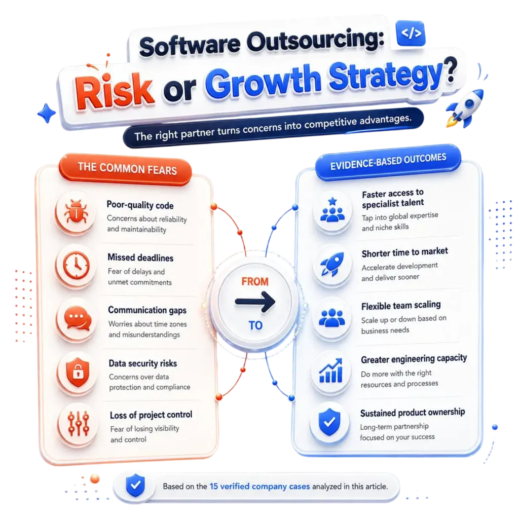 split infographic contrasting outsourcing fears with evidence-based outcomes.