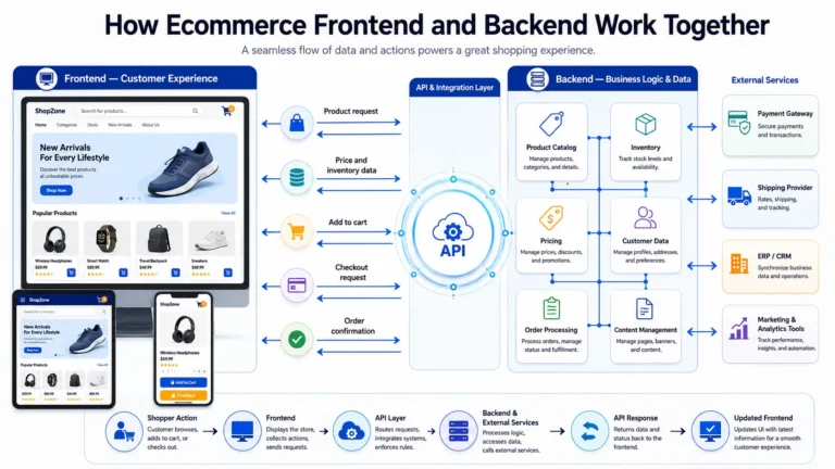 How the frontend layer connects through an API and integration layer to the backend, payment/shipping systems, ERP/CRM, and marketing tools.