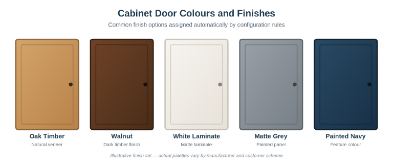 Illustrative cabinet door finish options assigned by configuration rules.