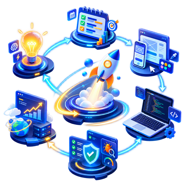 Software development process from idea and planning to design, development, testing, deployment, and maintenance