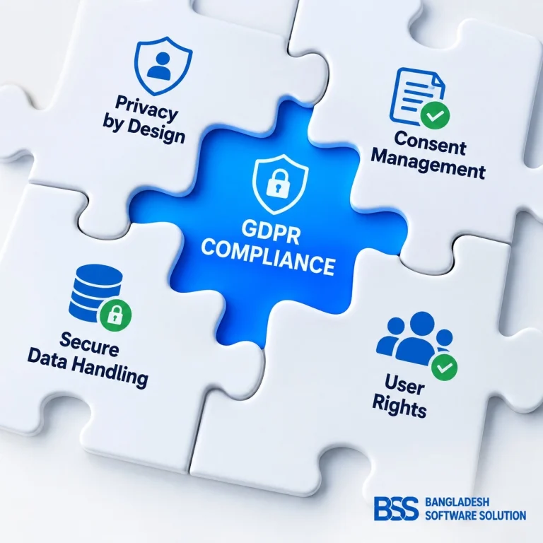 GDPR compliance puzzle illustration showing privacy by design, consent management, secure data handling, and user rights as essential elements of secure mobile app development.
