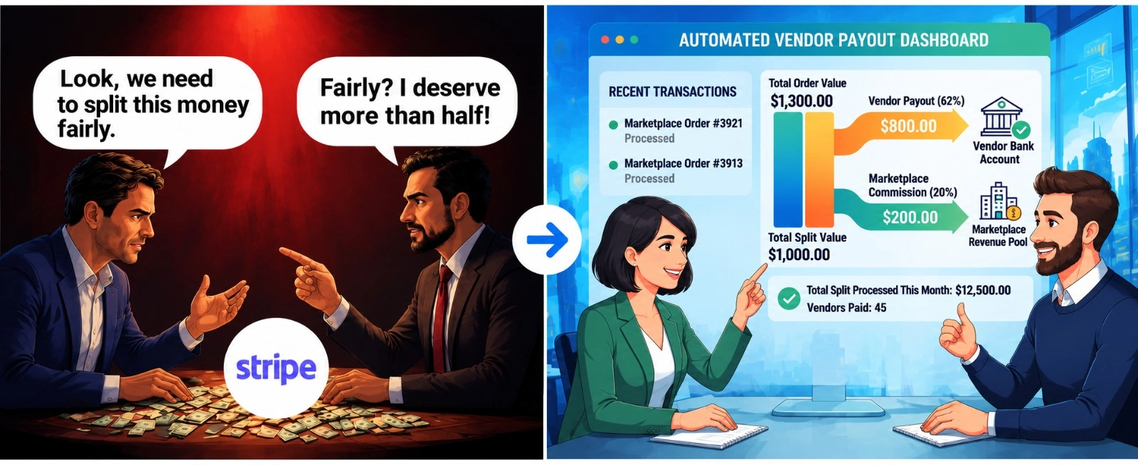 Infographic pairing common multi-vendor marketplace payment challenges with their split payment solutions