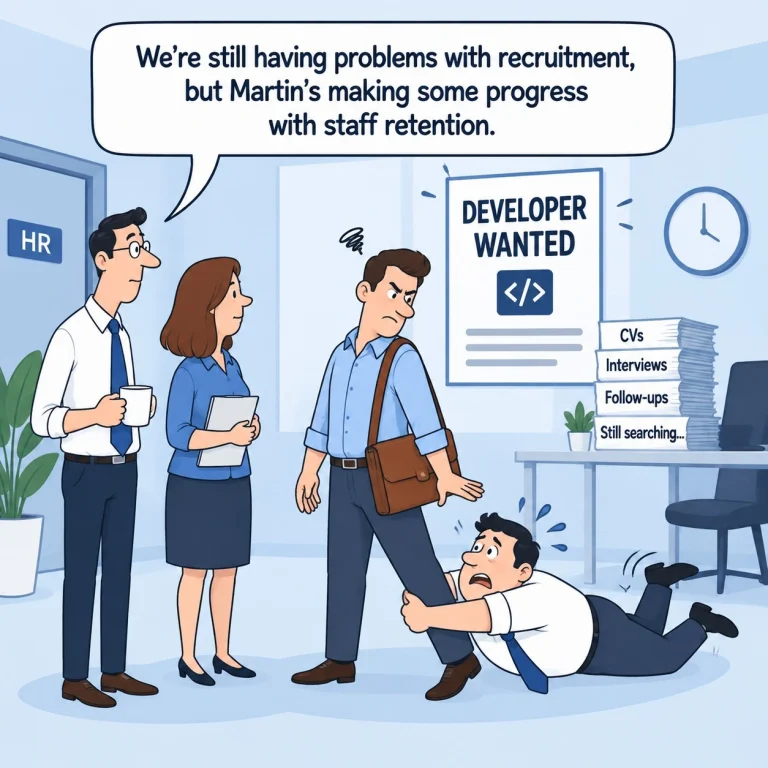 Illustration showing the challenges businesses face with recruitment and staff retention, highlighting the difficulty of building and maintaining an internal engineering team.