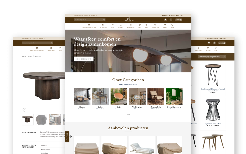 The rebuilt yarashome.nl storefront shown on homepage, category and product pages