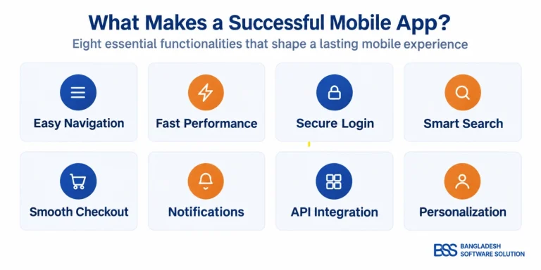 Infographic showing essential mobile app development features including navigation, security, checkout, and API integration.